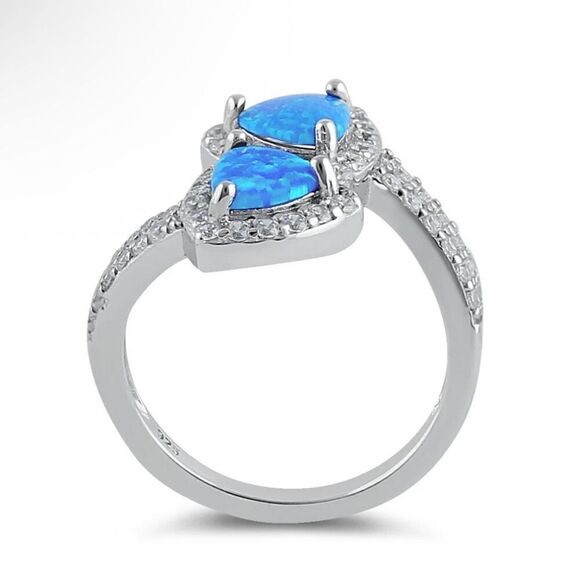 Sterling Silver Blue Lab Opal Double Trillion Ring | CZ Halo | New - Picture 3 of 5